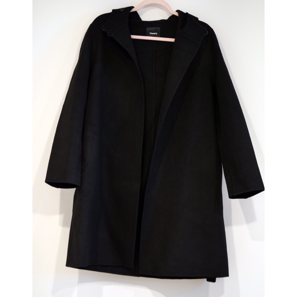 Theory black wool cashmere hooded jacket with belt